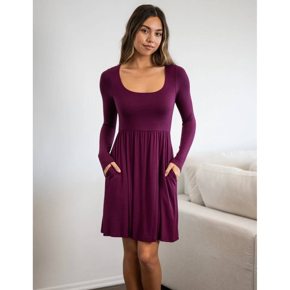 Sozy Lisa Long Sleeve Mini Dress Dark Fuchsia Scoop Neck Pockets XS